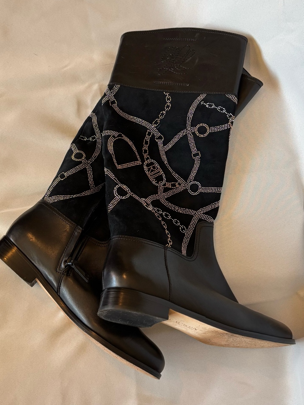 Justin Boots Black Leather & Suede Mid-Calf Boots with Chain Motif